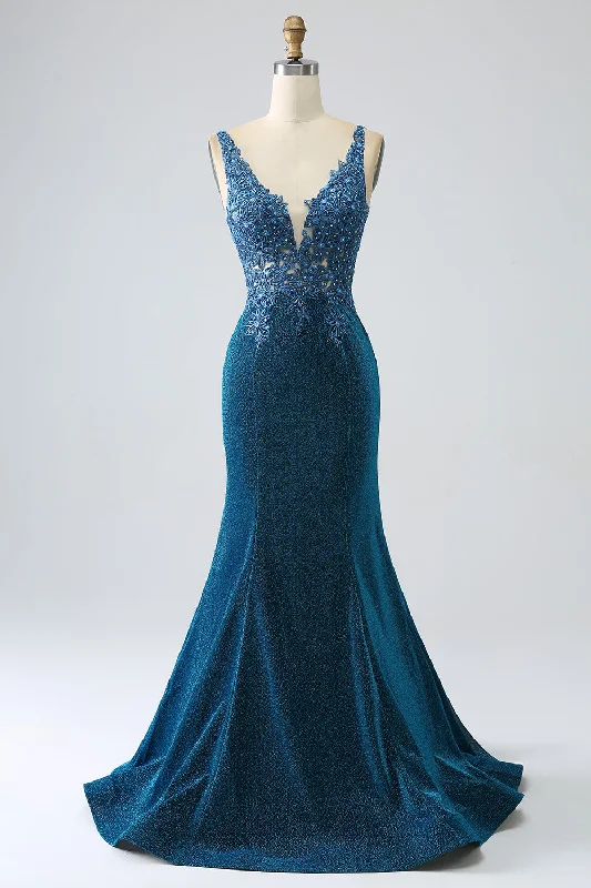 Lace - trimmed cocktail dresses in a pastel color for a soft appearanceGlitter Dark Blue Mermaid Prom Dress with Beading