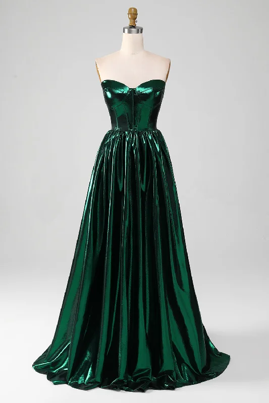 A - line cocktail dresses with floral embroidery for spring partiesGlitter Dark Green Corset Metallic Long Prom Dress