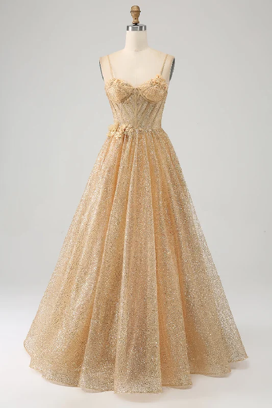 Cocktail dresses with a keyhole back and a midi - lengthGlitter Golden Corset Long Prom Dress with Flowers