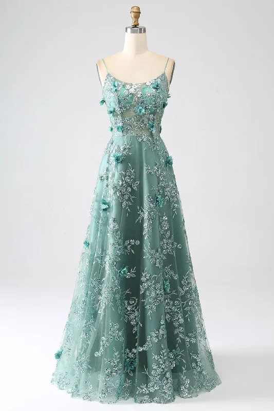 Cocktail dresses with a ruched bodice and spaghetti strapsGlitter Grey Green Spaghetti Straps Lace Flower Long Corset Prom Dress