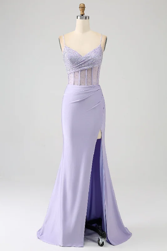 Geometric - printed cocktail dresses with a long - sleeve optionGlitter Lilac Corset Mermaid Long Prom Dress with Slit