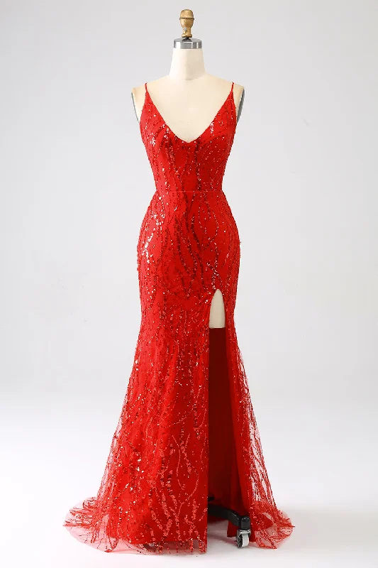 Long - cocktail dresses with a slit and a fitted bodiceGlitter Red Mermaid Long Sequins Prom Dress with Slit