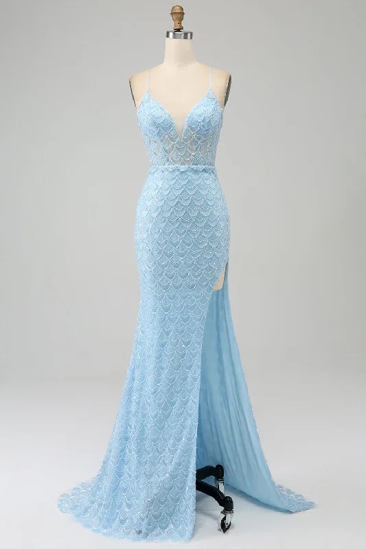 Cocktail dresses with a metallic - embroidered pattern and a midi - hemGlitter Sky Blue Spaghetti Straps Mermaid Prom Dress with Slit