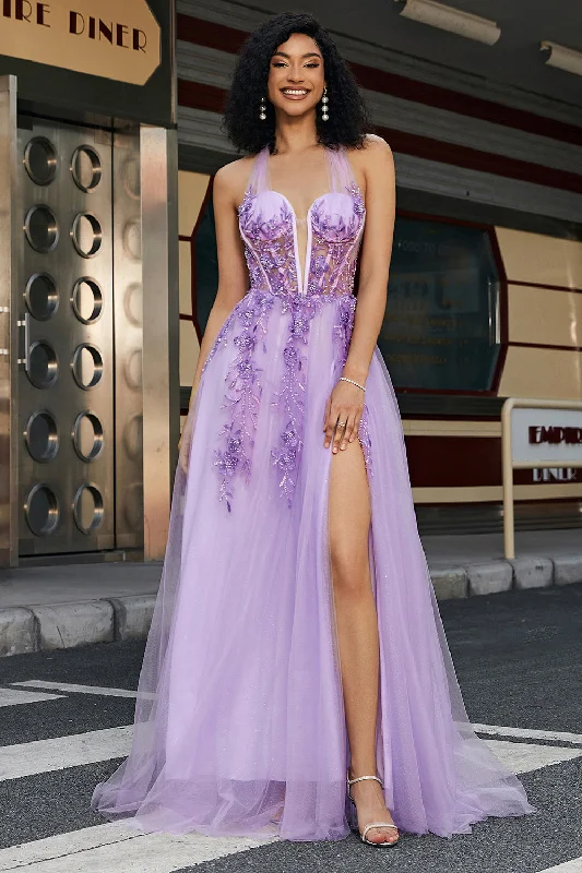 Long - cocktail dresses with a slit and a fitted bodiceGorgeous A Line Halter Neck Grey Purple Corset Prom Dress with Appliques Long - cocktail dresses with a slit and a fitted bodiceGorgeous A Line Halter Neck Grey Purple Corset Prom Dress with Appliques