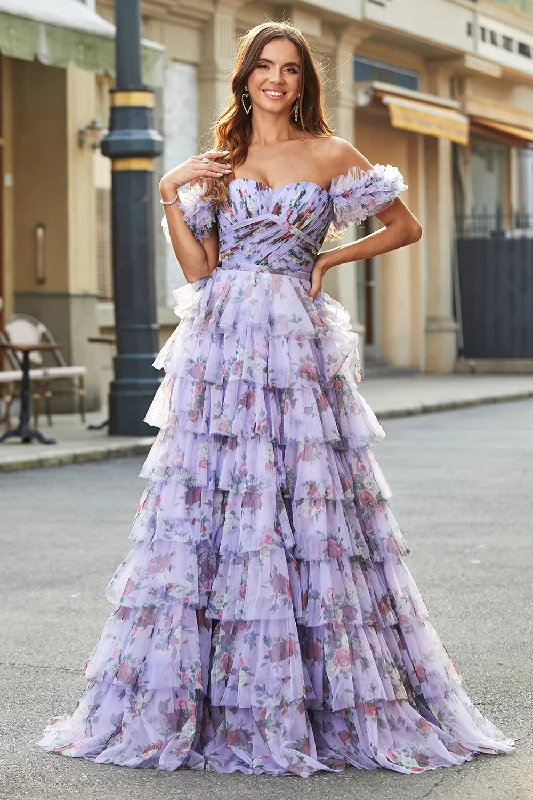 Mini cocktail dresses with a pleated bodice and a spaghetti - strap backGorgeous A Line Off the Shoulder Lavender Printed Long Prom Dress with Ruffles
