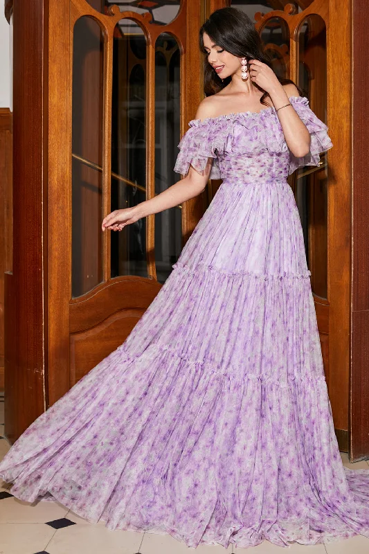 Cocktail dresses with cold - shoulder designs in a lightweight fabricGorgeous A Line Off the Shoulder Lilac Floral Long Prom Dress with Ruffles