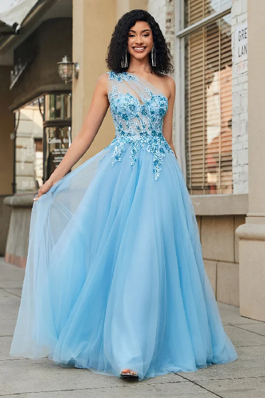 Mini cocktail dresses with a cold - shoulder ruffled sleeveGorgeous A Line One Shoulder Light Blue Corset Prom Dress with Appliques