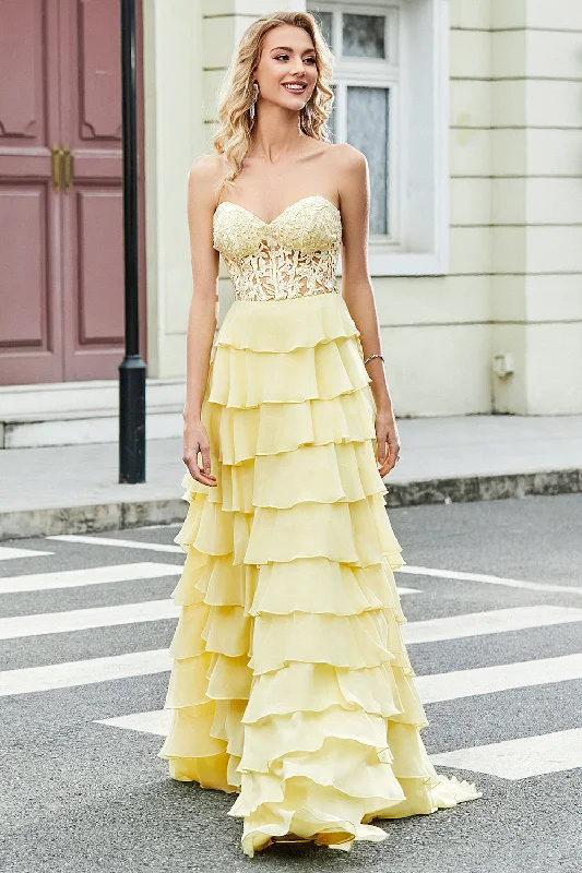 Cocktail dresses with off - the - shoulder designs and beaded accentsGorgeous A Line Sweetheart Yellow Corset Prom Dress with Appliques Ruffles