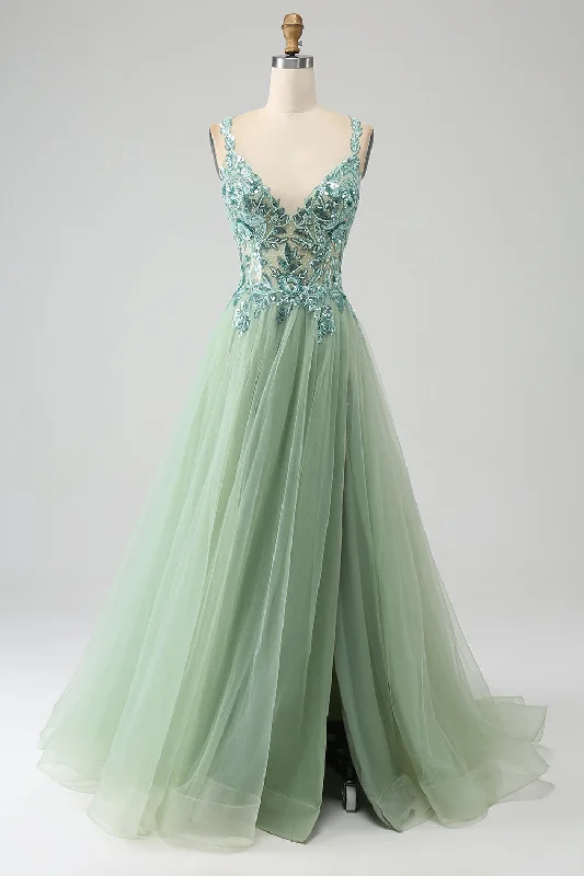 Ribbed - texture cocktail dresses with a cap - sleeve designGorgeous A Line V Neck Light Green Long Prom Dress with Appliques