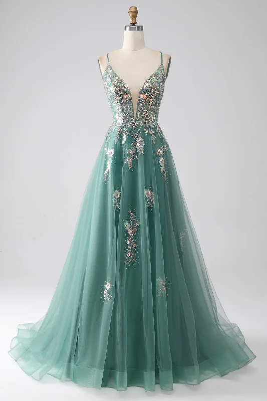 Sheath cocktail dresses in blush pink for a romantic lookGreen A-Line Spaghetti Straps Long Prom Dress With Sparkly Sequin Appliques