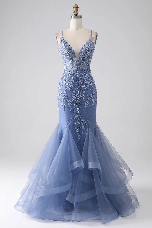 Cocktail dresses with a tassel - adorned belt and a sheath styleGrey Blue Mermaid Spaghetti Strap Beaded Backless Prom Dress With Appliques