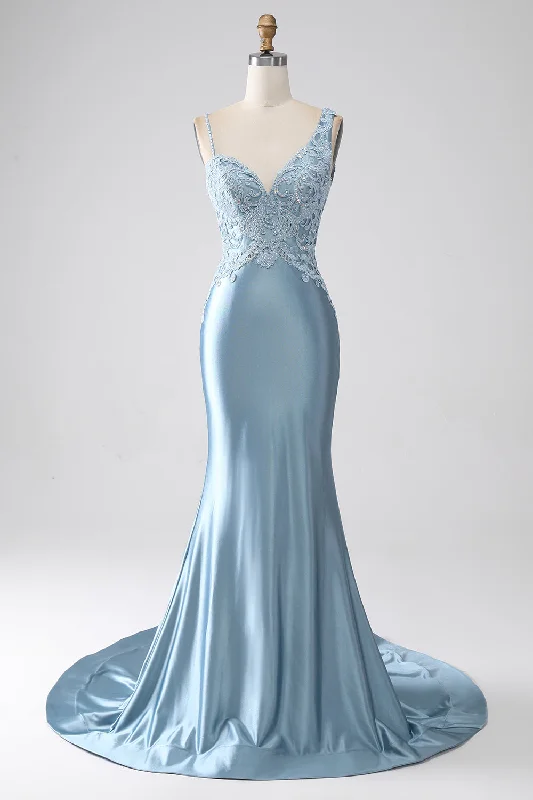 Ruffled cocktail dresses with a knee - length hem for a feminine appealGrey Blue Mermaid Spaghetti Straps Long Beaded Prom Dress With Appliques