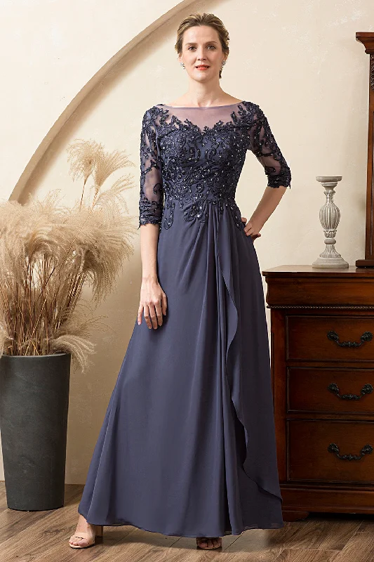Cocktail dresses with a pom - pom trim and a short - sleeved styleGrey Blue Sparkly Beaded Chiffon Mother of the Bride Dress