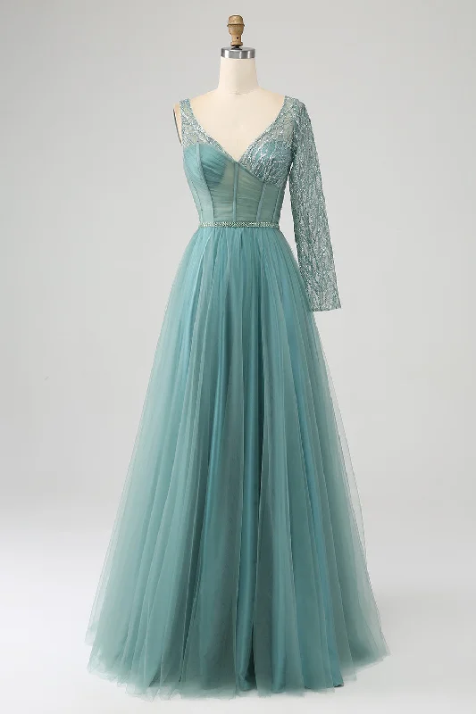 Cocktail dresses with an abstract print and a high - low hemlineGrey Green A-Line Sparkly Sequin Long Corset Prom Dress