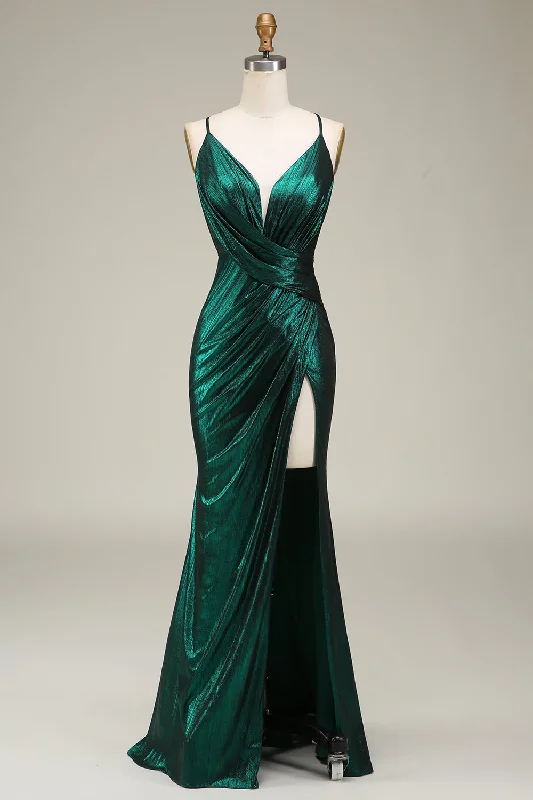 Cocktail dresses with a metallic - embroidered pattern and a midi - hemHot Mermaid Spaghetti Straps Dark Green Long Prom Dress with Open Back
