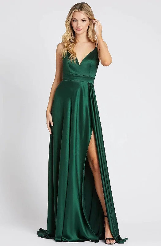 Formal dresses with ruched back panels and button - down fronts for a unique and flattering fitIeena Duggal - 55278I Satin Simple Prom Gown with High Slit