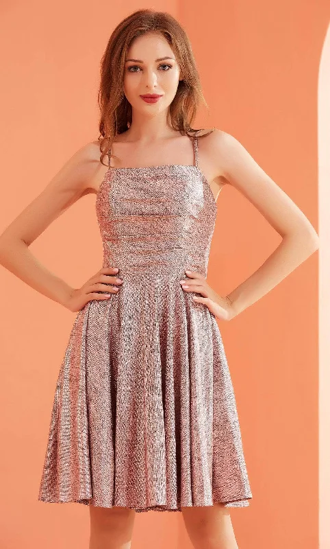 Mini cocktail dresses with a cold - shoulder ruffled sleeveJ'Adore Dresses J22084 - Pleated Bod Shiny Short Dress