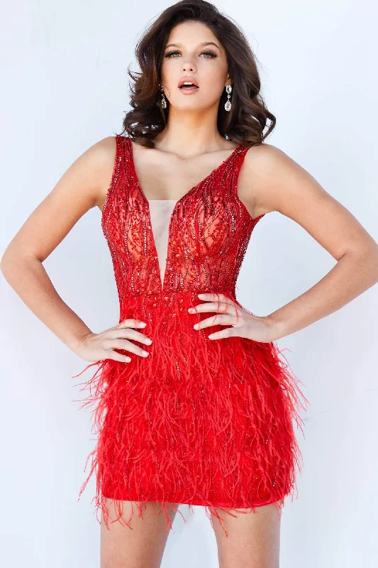 Mini cocktail dresses with a ruffled hem and a solid colorJovani - 04619 Beaded V-Neck Feather-Fringed Short Prom Dress
