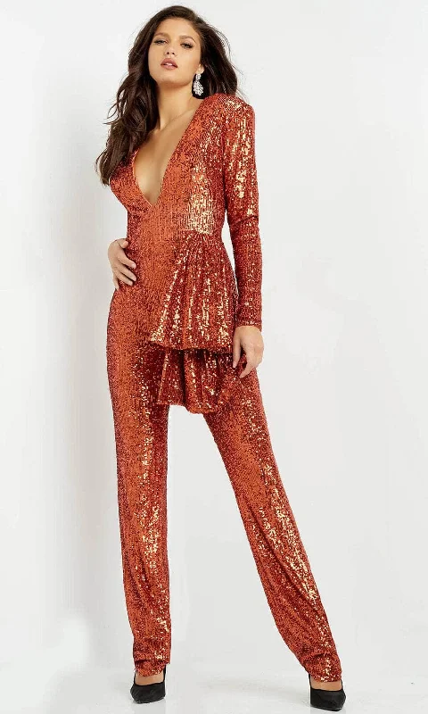 Formal dresses with wrap - around styles and beaded belts for a customized fitJovani 05345 - Sequin V-Neck Jumpsuit