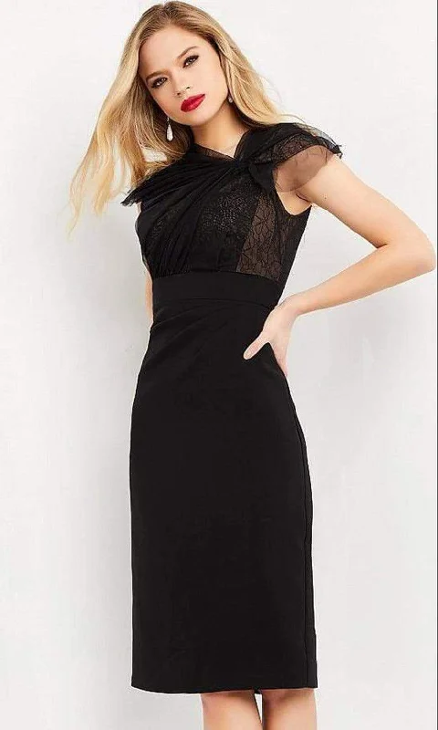 Cocktail dresses with a floral print and a peplum waistJovani - 05674 Asymmetric Lace High Waist Dress