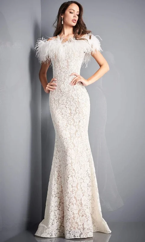 Formal dresses with side - slit pockets and beaded accents for a practical and stylish formal eventJovani - 06451 Feather Off-Shoulder Allover Lace Mermaid Gown