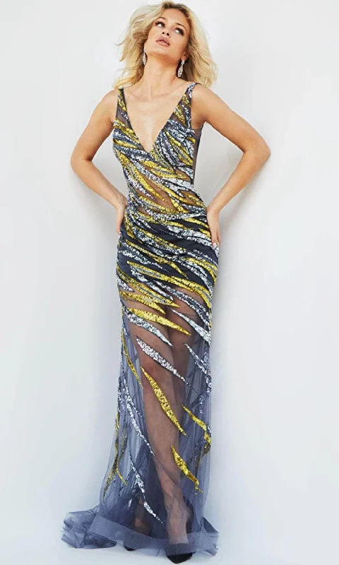 Formal dresses with geometric patterns and metallic accents for a modern formal affairJovani 06790 - V-Neck Beaded Sequin Prom Gown