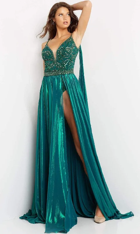 Formal dresses with halter necks and lace - up backs for a stylish promJovani - 07249 Plunging Sweetheart A-Line Gown With Cape