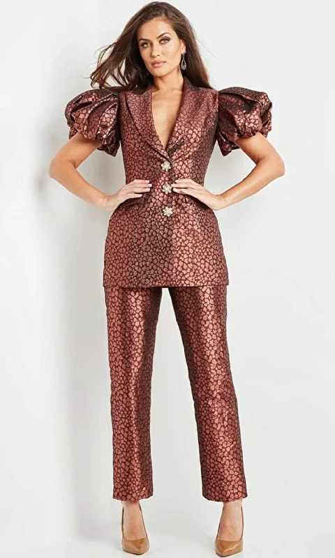 Ball - gown style formal dresses with sequined bodices for promJovani 09643 - Puff Sleeve Evening Pant Suit