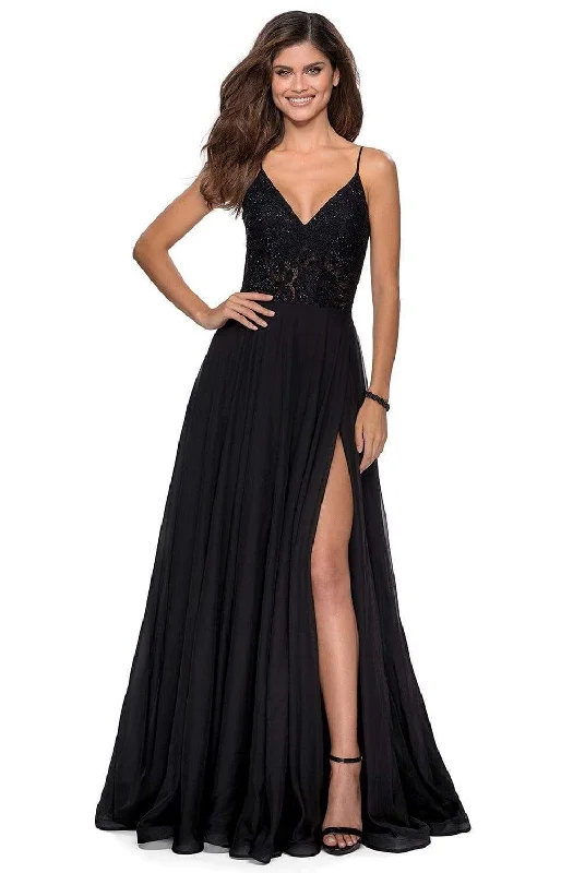 Prom dresses with side - slit pockets and solid - color fabrics for a practical and stylish formal lookLa Femme - 28664 Sequined Lace Chiffon Simple Prom High Slit Dress