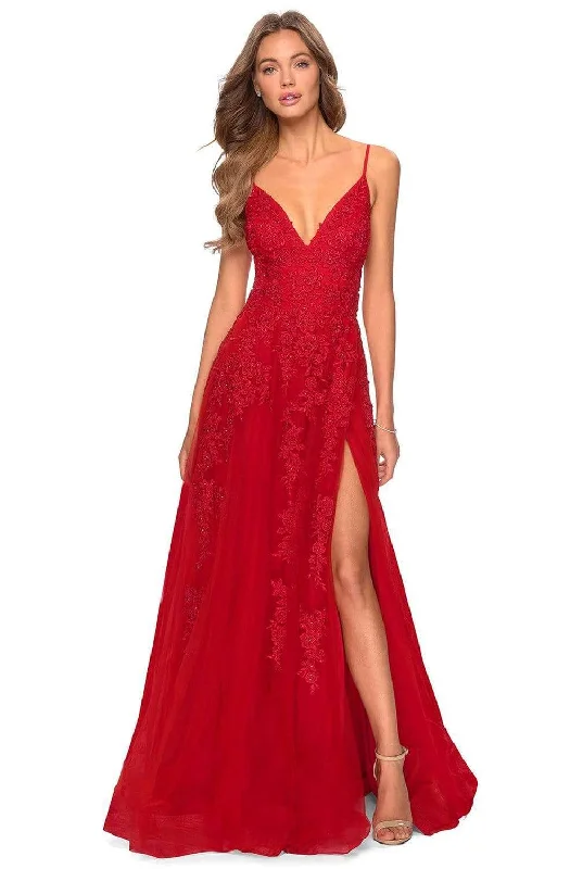 Formal dresses with wrap - around styles and beaded belts for a customized fitLa Femme - 28985 Floral Lace Embroidered Deep V-neck Junior Prom A-line Gown