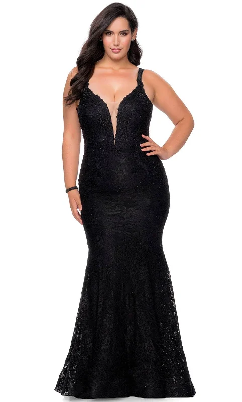 Prom dresses with keyhole backs and rhinestone - studded straps for a flirty lookLa Femme - 29052 Sweetheart Lace Modest Prom Mermaid Gown