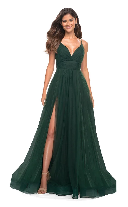 Formal dresses with off - the - shoulder sleeves and rhinestone accents for a sophisticated promLa Femme 30180 Dress