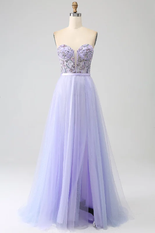 Cocktail dresses with a pleated skirt and a square necklineLavender A Line Tulle Corset Prom Dress with Slit