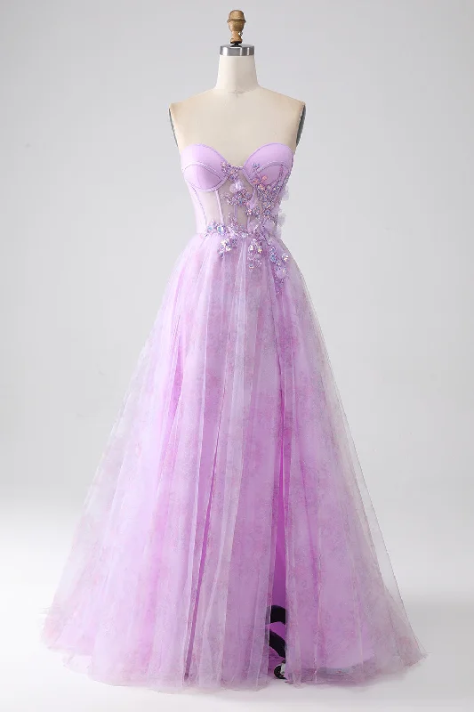 Cocktail dresses with a pom - pom trim and a short - sleeved styleLavender Printed Strapless Corset Prom Dress with Beading