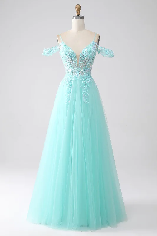 Cocktail dresses with a one - piece design and a statement bowLight Green Cold Shoulder Sequins Prom Dress