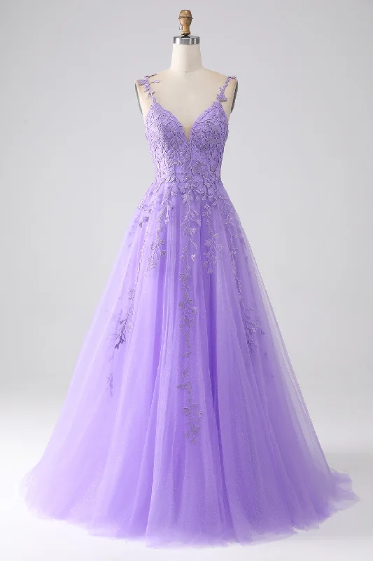 Little black cocktail dresses with lace detailingLilac A-Line Spaghetti Straps Long Prom Dress with Appliques