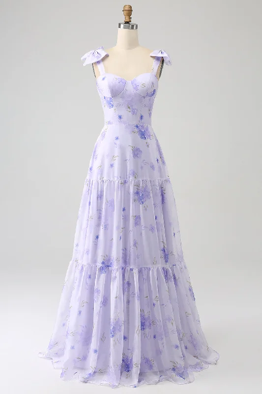 Bow - backed cocktail dresses with a fit - and - flare silhouetteLilac Corset Floral A-Line Long Prom Dress
