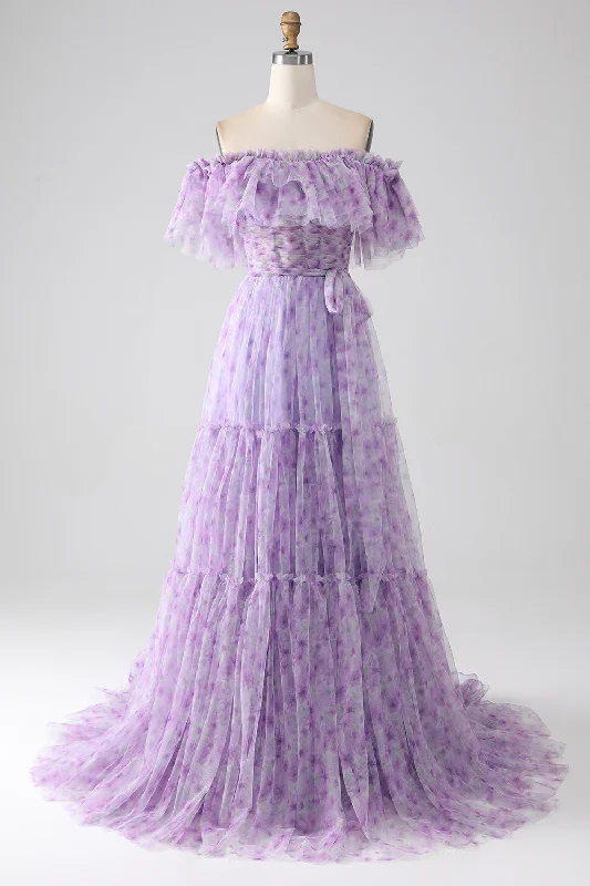Asymmetric - hem cocktail dresses in a bold color for a fashion - forward lookLilac Floral Off the Shoulder Long Ruffled Prom Dress