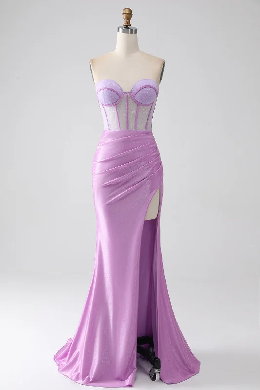 Cocktail dresses with a tiered skirt and a bow at the waistLilac Mermaid Strapless Corset Prom Dress with Slit