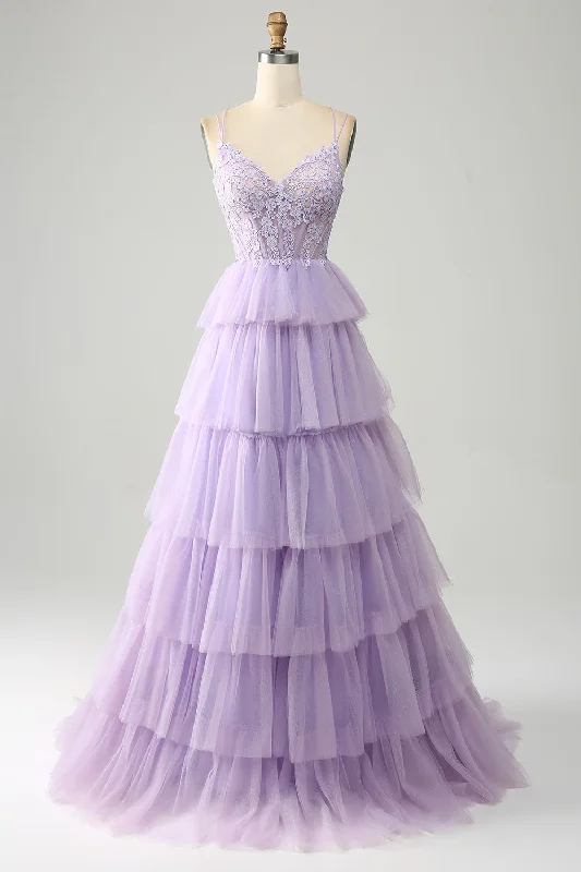 Velvet cocktail dresses with long sleeves for winter galasLilac Tulle Tiered Princess Corset Prom Dress with Appliques