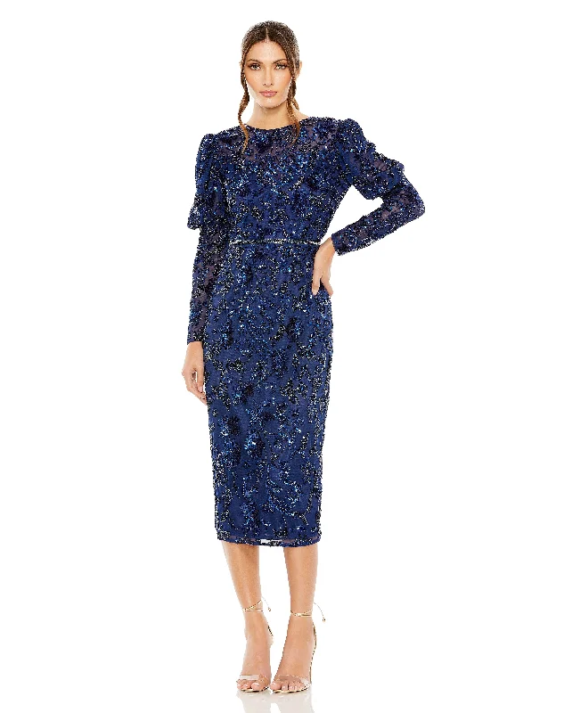 Cocktail dresses with a gathered skirt and a button - down frontMac Duggal 5590 Tea Length Long Sleeve Formal Dress