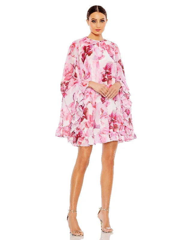 Mini cocktail dresses with a ruffled hem and a solid colorMac Duggal 56027 Homecoming Short Floral Cocktail Dress