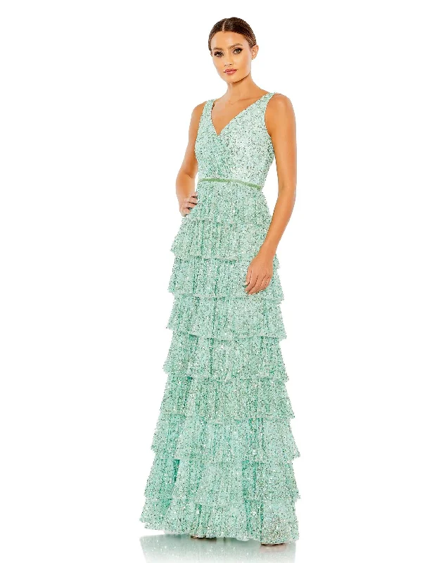 Maxi dresses with one - shoulder designs for a stylish and asymmetric look Maxi dresses with one - shoulder designs for a stylish and asymmetric look Mac Duggal 5627 Formal Ruffle Tiered Sequin Prom Long Dress