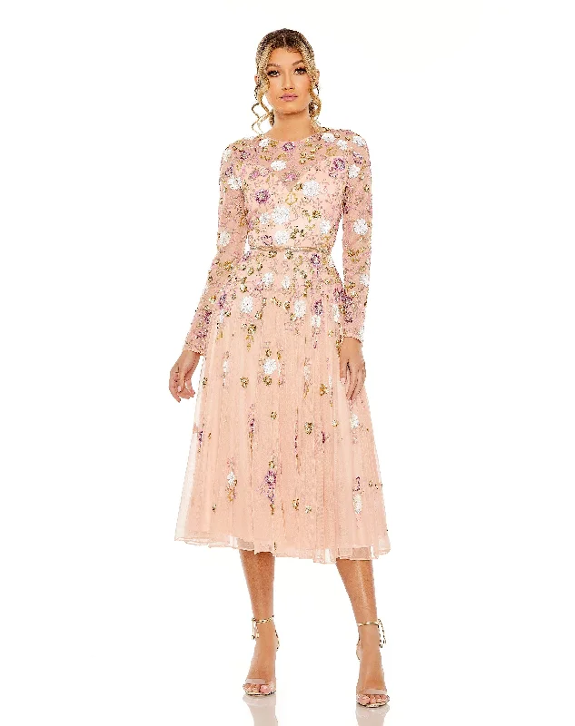 Cocktail dresses with a tassel - adorned belt and a sheath styleMac Duggal 5716 Tea Length Long Sleeve Formal Dress
