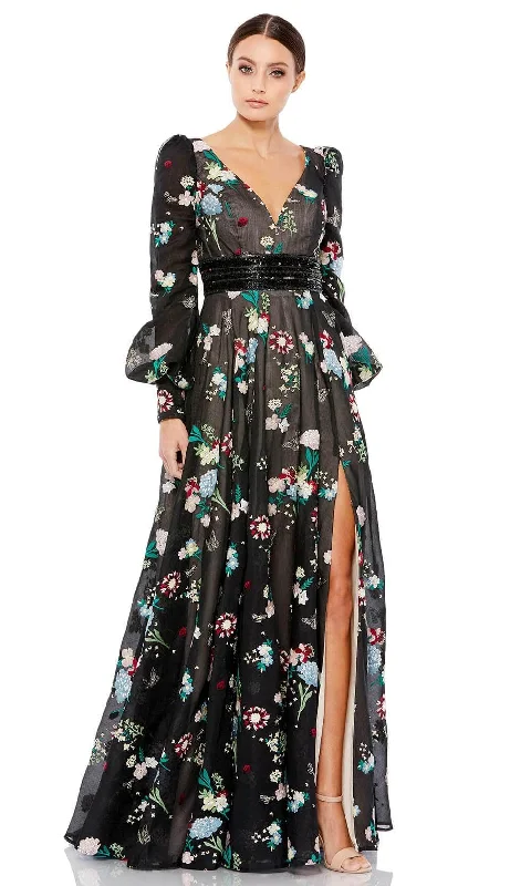 Prom dresses with cold - shoulder ruffled sleeves and floral prints for a romantic and fashionable styleMac Duggal 79361 - Bishop Long Sleeve V-Neck Long Dress