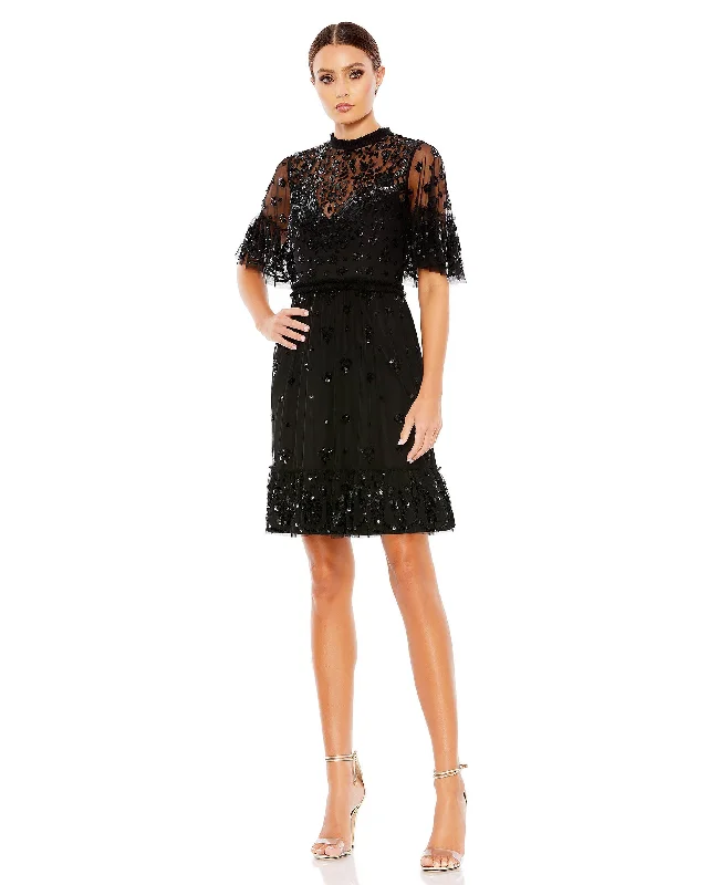 Cocktail dresses with a one - piece design and a statement bowMac Duggal 9143 Short Sleeve Cocktail Party Dress