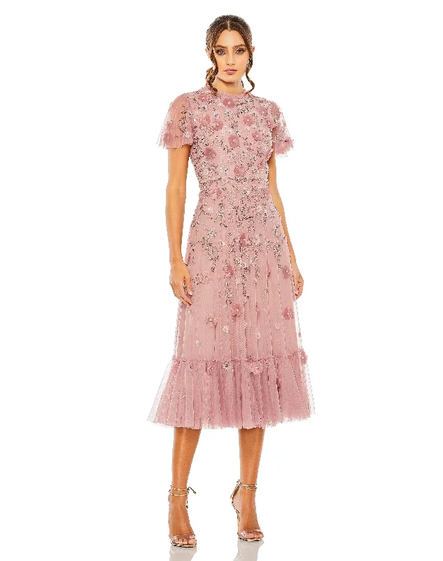 Sequined cocktail dresses with a mermaid silhouetteMac Duggal 9212 Tea Length Floral Formal Dress