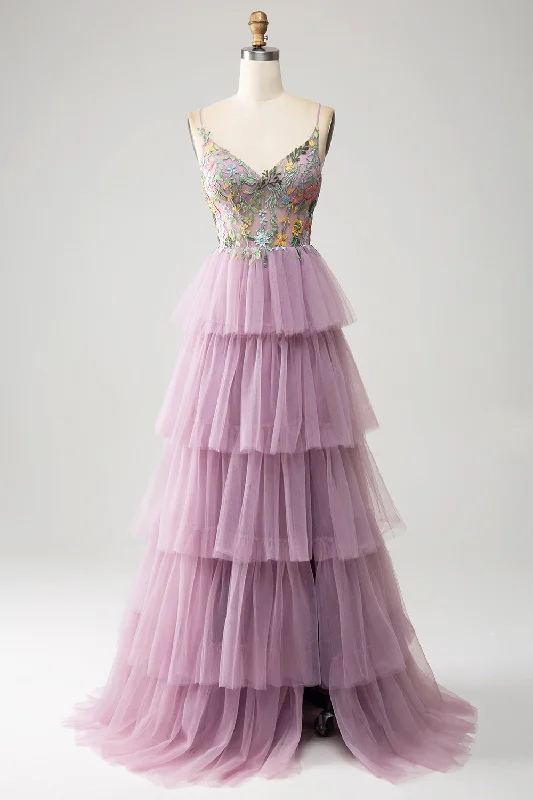 Cocktail dresses with a ruched bodice and spaghetti strapsMauve A-Line Corset Tiered Long Prom Dress With Appliques Cocktail dresses with a ruched bodice and spaghetti strapsMauve A-Line Corset Tiered Long Prom Dress With Appliques