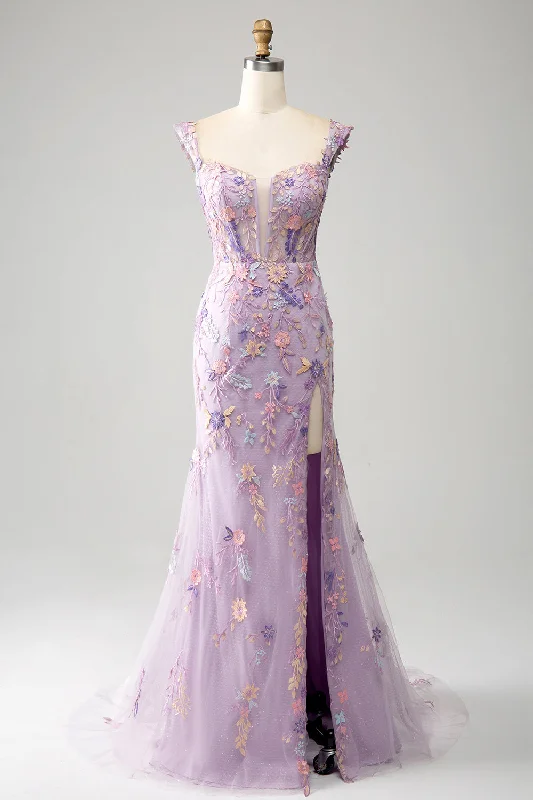 Lace - trimmed cocktail dresses in a pastel color for a soft appearanceLight Purple Off The Shoulder Long Embroidered Mermaid Prom Dress Slit Lace - trimmed cocktail dresses in a pastel color for a soft appearanceLight Purple Off The Shoulder Long Embroidered Mermaid Prom Dress Slit