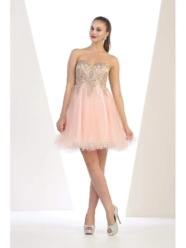 Plaid cocktail dresses with a flared skirt for a classic feelMay Queen - MQ1414 Lace Appliqued Strapless Sweetheart Cocktail Dress